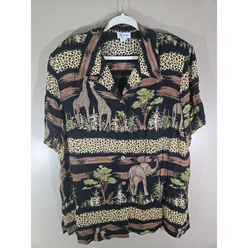 Vtg K Woman Safari Faux Silk Lightweight Button Down Short Sleeve Sz 18W Grunge